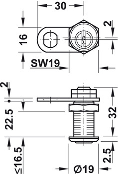Fermeture à pêne batteur, avec cylindre à goupilles, fixation d'écrou, épaisseur de la porte ≤16,5 mm