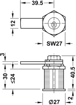 Fermeture à pêne batteur, Kaba 8, avec cylindre à goupilles, fixation d’écrou, épaisseur de porte ≤24 mm, profil standard spécifique au client