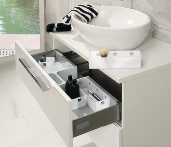 Bacs, garniture de rangement pour tiroir, système d'organisation de salle de bains, pour recouvrement de siphon ou installation isolée