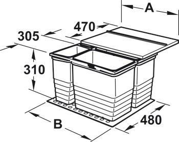 Poubelle quadruple, pour Häfele Matrix Box P, 2 x 8 et 1 x 17 litres / 2 x 8 et 2 x 17 litres