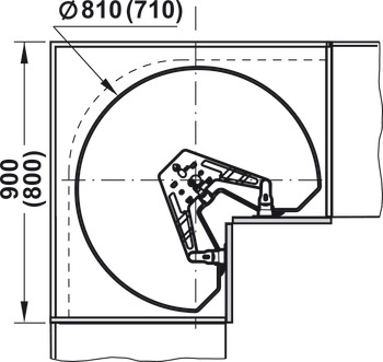 Fond pivotant en trois-quarts de cercle, meuble d'angle, porte 90° ou porte diagonale 45°