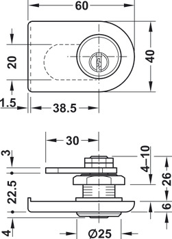 Fermeture à pêne batteur de porte en verre, avec cylindre à goupilles, axe 38,5 mm, profil standard spécifique au client