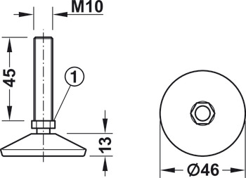 Vis de réglage, filet M8 ou M10, avec articulation à bille, avec plateau de pied en plastique