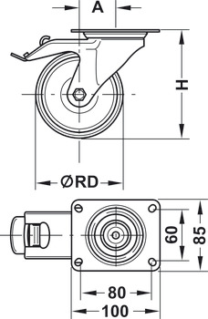 Roulette pour appareils, avec bande de roulement dure, rigide ou pivotant