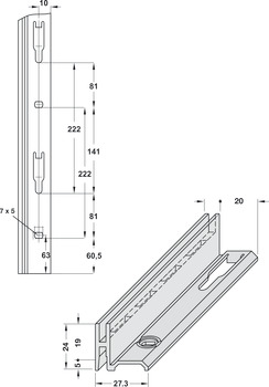 Rail perforé en trames, système vertical NB, à 1 rangée pour extrémité latérale