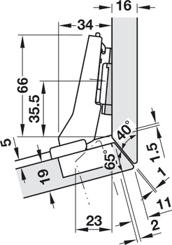 Charnière à corps, Clip Top Blumotion 95°, pour application d’angle 10°, 15°, 20°, pour meubles d’angle avec pose intérieure, semi-recouvrante, recouvrante ou en onglet