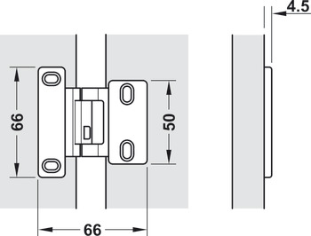 Charnière spéciale, pour portes stratifiées (HPL), pour pose médiane, jeu 6 mm