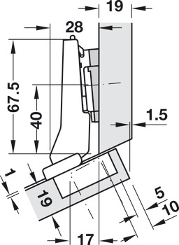 Charnière à corps, Clip Top Blumotion 95°, pour application d’angle 10°, 15°, 20°, pour meubles d’angle avec pose intérieure, semi-recouvrante, recouvrante ou en onglet
