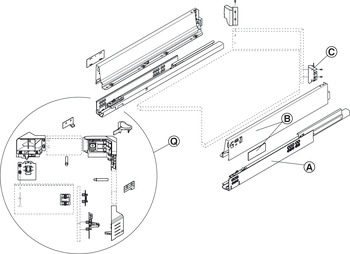 garniture de tiroir de meuble d'angle, Blum Tandembox intivo, Space Corner Synchromotion, hauteur de système M, hauteur de châssis 83 mm