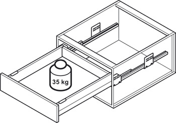 Garniture de tiroir casserolier à l'anglaise, Häfele Matrix Box P35 VIS, avec insert de façade avant, galerie longitudinale rectangulaire et réception pour panneau latéral, hauteur de côtés 92 mm, capacité de charge 35 kg