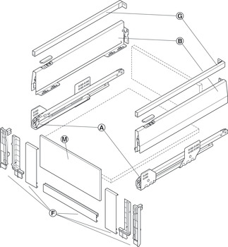 Garniture de tiroir casserolier à l'anglaise, Häfele Matrix Box P35 VIS, avec insert de façade avant et galerie longitudinale rectangulaire, hauteur de côtés 115 mm, capacité de charge 35 kg