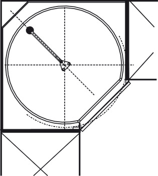 Ferrure pivotante en trois-quarts de cercle, pour meuble d'angle, avec portes 90°