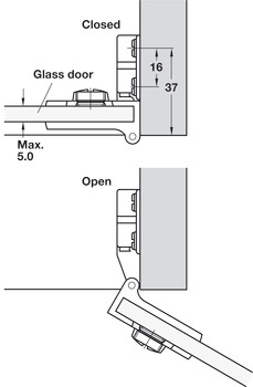 Charnière pour portes en verre, angle d'ouverture à 170°, pose encloisonnée