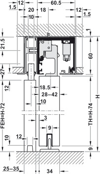 Garniture complémentaire, pour élément fixe (pour portes en bois) et montage au plafond intégré (pour portes en bois et en verre)