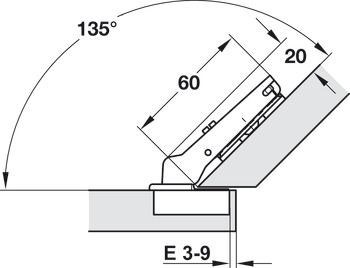 Charnière à corps, Häfele Duomatic Plus 110°, pour application d'angle à 45°, recouvrante