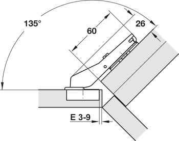 Charnière de corps, Häfele Duomatic Plus 110°, pour application d'angle à 45°, pour façades affleurantes