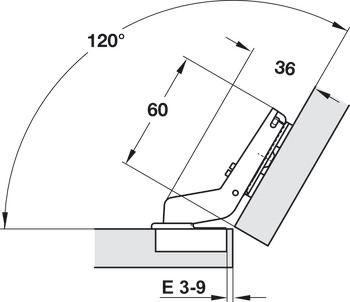 Charnière à corps, Häfele Duomatic Plus 110°, pour application d'angle à 30°, demi-recouvrante